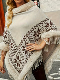 Tassel Fuzzy Trim Cape Tops, Boho Ethnic Pattern Winter Outerwear, Women's Clothing