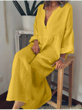 gbolsos  Plus Size Casual Dress, Women's Plus Solid Long Sleeve V Neck Button Up Loose Maxi Dress