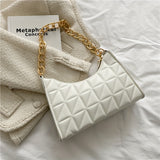 Trendy Argyle Quilted Shoulder Bag, PU Leather Solid Color Chain Handle Bag, Perfect Underarm Bag For Daily Use