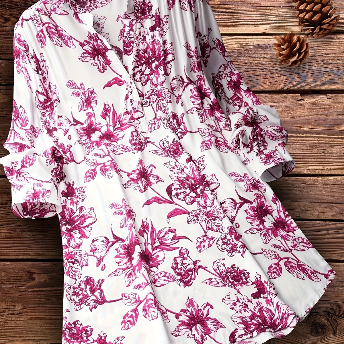 Floral Print Button Front Blouse, Casual Long Sleeve Blouse For Spring & Fall, Women's Clothing