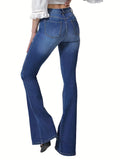 gbolsos  Blue Double Button Flare Jeans, High Waist Ripped Holes High Stretch Versatile Bell Bottom Jeans, Women's Denim Jeans & Clothing