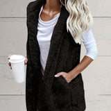 Solid Open Front Teddy Vest, Versatile Sleeveless Faux Fur Jacket For Fall & Winter, Women's Clothing