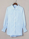 Striped Print Shirred Shirt, Casual Button Front Long Sleeve Shirt, Women's Clothing