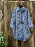 Gingham Print Shirt, Casual Button Front Long Sleeve Hem Acr Shirt With A Collar, Women's Clothing