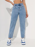 gbolsos  Blue Slant Pockets Tapered Jeans, Straight Legs Non-Stretch Casual Mom Jeans, Women's Denim Jeans & Clothing