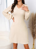 Solid Knitted Sweater Dress, Casual V Neck Long Sleeve Dress, Women's Clothing