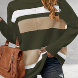 gbolsos  Plus Size Casual Sweater, Women's Plus Colorblock Long Sleeve Turtle Neck Slight Stretch Sweater