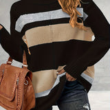 gbolsos  Plus Size Casual Sweater, Women's Plus Colorblock Long Sleeve Turtle Neck Slight Stretch Sweater