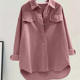 Solid Button Front Corduroy Shirt, Versatile Long Sleeve Loose Shirt For Spring & Fall, Women's Clothing