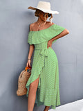 Elegant One Shoulder Dress, Casual Strapless Ruffle Trim Polka Dot Slit Irregular Trapeze Dresses, Women's Clothing