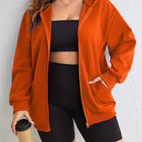 gbolsos  Plus Size Basic Sports Top, Women's Plus Solid Long Sleeve Zipper Hooded Drawstring Coat With Pockets