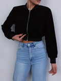 Solid Zipper Corduroy Crop Jacket, Versatile Long Sleeve Outwear For Spring & Fall, Women's Clothing