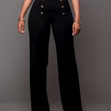 Plus Size Elegant Pants, Women's Plus Solid Button Decor High Rise Wide Leg Trousers