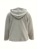 Plus Size Casual Winter Coat, Women's Plus Solid Zip Up Long Sleeve Hooded Teddy Coat