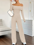 Ribbed Off Shoulder Jumpsuit, Casual Long Sleeve Jumpsuit For Spring & Fall, Women's Clothing