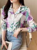 gbolsos  Floral Print Polo Collar Button Shirt, Casual Long Sleeve Shirt For Spring & Fall, Women's Clothing