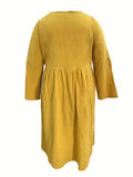 gbolsos  Plus Size Casual Dress, Women's Plus Solid Long Sleeve V Neck Button Up Loose Maxi Dress