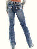 gbolsos  Blue Loose Fit Straight Jeans, Slash Pockets Casual Denim Pants, Women's Denim Jeans & Clothing