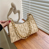 Trendy Argyle Quilted Shoulder Bag, PU Leather Solid Color Chain Handle Bag, Perfect Underarm Bag For Daily Use