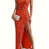 Sequined One Shoulder Split Dress, Elegant Bodycon Dress For Party & Banquet, Women's Clothing