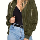 Plus Size Casual Coat, Women's Plus Solid Zip Up Lone Sleeve Bomber Jacket With Pockets