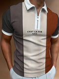 'C'EST LA VIE' Casual Short Sleeves Polo Shirts, Zipper V-neck Tee, Men's Comfortable Slim Tops Summer Clothing