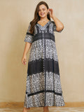 gbolsos  Plus Size Casual Dress, Women's Plus Colorblock Paisley Print Short Sleeve V Neck Medium Stretch Maxi Dress