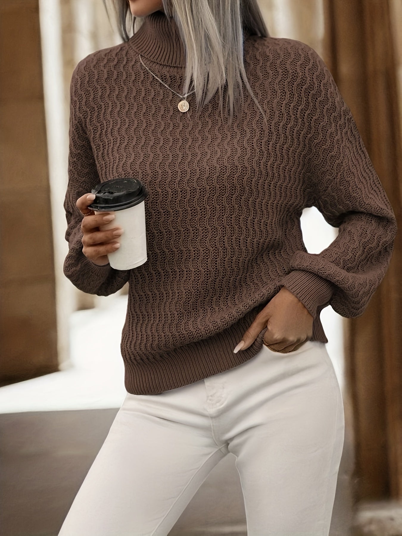 Solid Turtle Neck Drop Shoulder Sweater, Casual Long Sleeve Sweater For Fall & Winter, Women's Clothing
