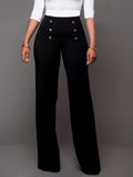 Plus Size Elegant Pants, Women's Plus Solid Button Decor High Rise Wide Leg Trousers