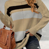 gbolsos  Plus Size Casual Sweater, Women's Plus Colorblock Long Sleeve Turtle Neck Slight Stretch Sweater