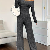 Ribbed Off Shoulder Jumpsuit, Casual Long Sleeve Jumpsuit For Spring & Fall, Women's Clothing