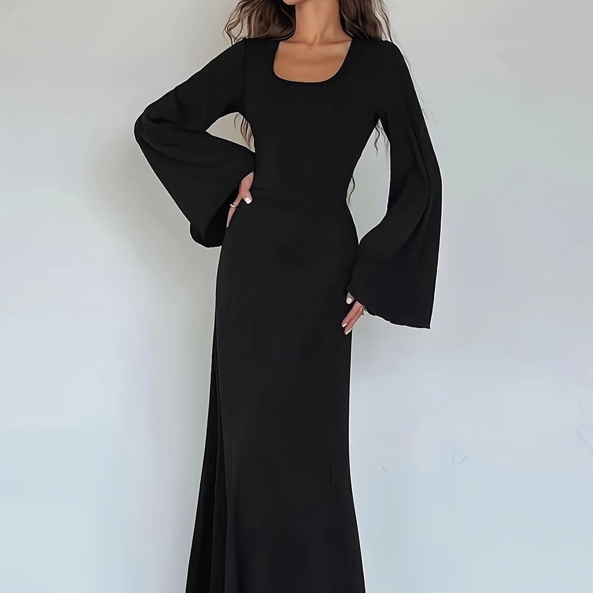 Solid Flared Long Sleeve Dress, Casual Squared Neck Maxi Dress, Women's Clothing