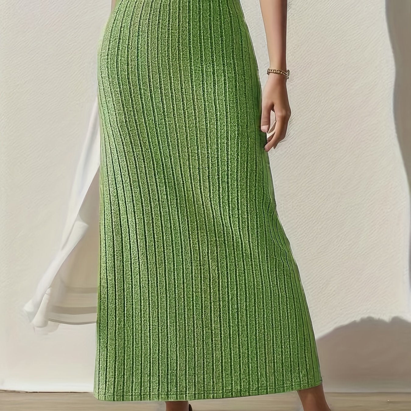 gbolsos  Solid Ribbed Split Skirt, Elegant High Waist Skirt For Spring & Summer, Women's Clothing
