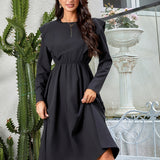 Solid Cinched Waist Midi Dress, Elegant Crew Neck Long Sleeve Dress, Women's Clothing