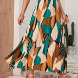 Geo Print Pleated Skirts, Casual High Waist Maxi Skirts, Women's Clothing