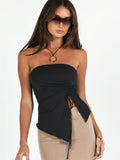 Solid Side Drawstring Ruched Tube Top, Casual Split Strapless Top For Summer, Women's Clothing