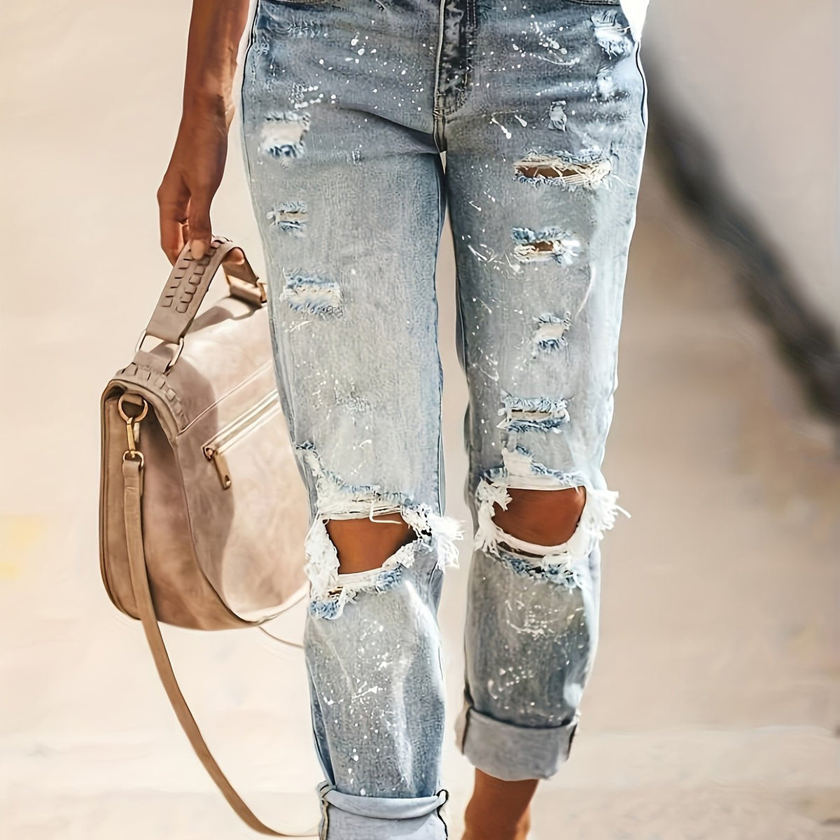 gbolsos  Blue Loose Fit Straight Jeans, Slash Pockets Ripped Holes Distressed Denim Pants, Women's Denim Jeans & Clothing