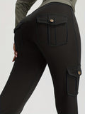 Cargo Leggings, Solid High Waist Casual Leggings For Spring & Fall, Women's Clothing