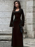 Solid Flared Long Sleeve Dress, Casual Squared Neck Maxi Dress, Women's Clothing