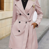 Double Breasted Trench Coat, Casual Solid Long Sleeve Overcoat, Women's Clothing