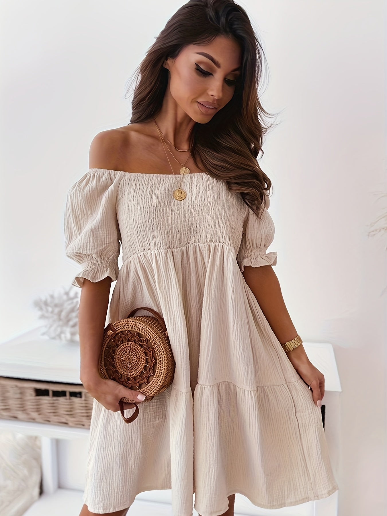 gbolsos  Off Shoulder Smocked Dress, Loose Vacation Casual Dress For Summer & Spring, Women's Clothing