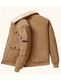 Men's Trendy Corduroy Jacket, Casual Lapel Zip Up Warm Fleece Coat For Outdoor Fall Winter