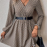 Allover Print Simple Dress, Casual V Neck Long Sleeve Dress, Women's Clothing