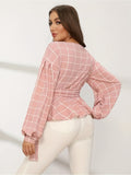 Plaid Print Surplice Neck Blouse, Casual Long Sleeve Blouse For Spring & Fall, Women's Clothing