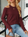 Solid Cold Shoulder T-Shirt, Casual Crew Neck Long Sleeve Top For Spring & Fall, Women's Clothing