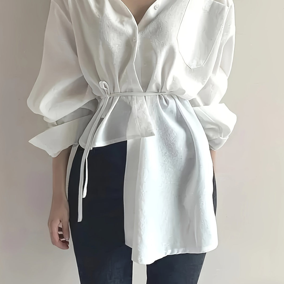 gbolsos  Solid Tie Waist Asymmetrical Hem Blouse, Versatile Long Sleeve Button Front Blouse, Women's Clothing