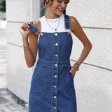 gbolsos  Plain Non-Stretch Denim Dress, Single-Breasted Button Versatile Denim Dress, Women's Denim Clothing