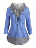 2 In 1 Color Block Zip Front Hoodie, Casual Long Sleeve Drawstring Hoodies Sweatshirt, Women's Clothing