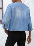 gbolsos  Blue Round Neck Denim Jackets, Flap Pockets Single-Breasted Button Casual Denim Coats, Women's Denim Clothing
