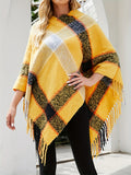 Plaid Pattern Tassel Trim Cape Sweater, Casual Batwing Sleeve Sweater, Women's Clothing